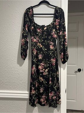 Black Floral Midi Dress Cottagecore Long Sleeve Square Neck Smocked Back S